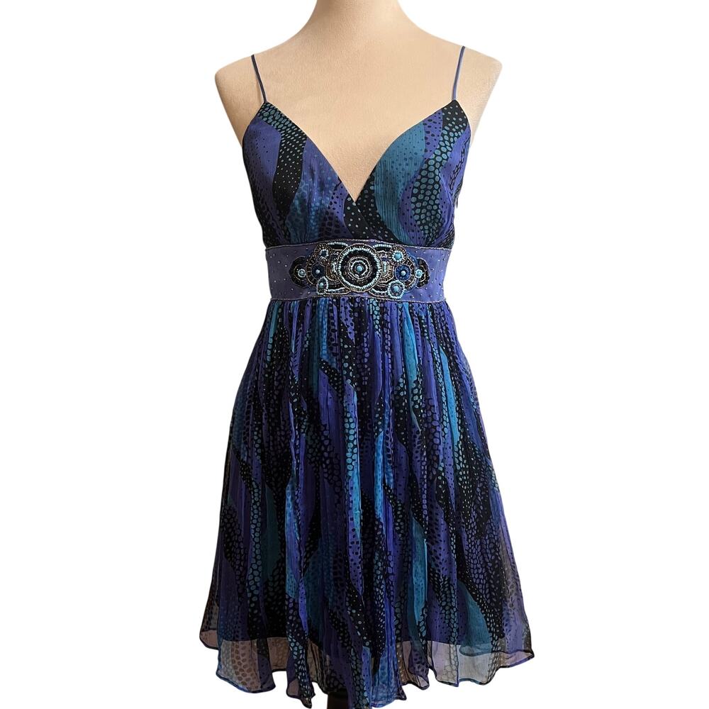 Laundry by Shelli Segal Blue Beaded Empire Waist Silk Chiffon Party Dress Size 2